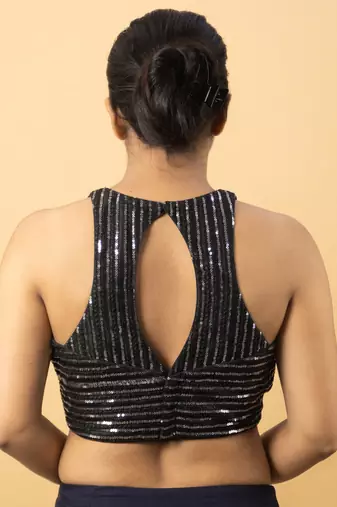 BLACK EMBROIDED NET ROUND NECK BLOUSE
