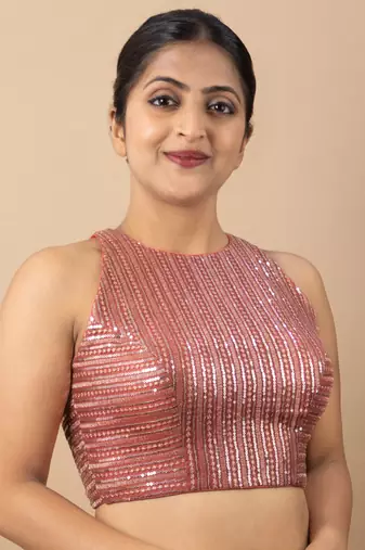 Onion Pink Net Sequin Embroidered Readymade Blouse