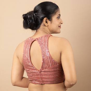 Onion Pink Net Sequin Embroidered Readymade Blouse 3