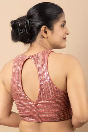 Onion Pink Net Sequin Embroidered Readymade Blouse
