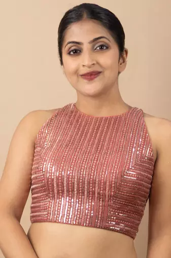 Onion Pink Net Sequin Embroidered Readymade Blouse