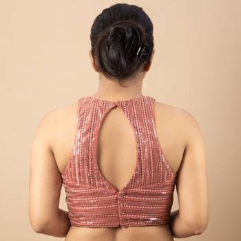 Onion Pink Net Sequin Embroidered Readymade Blouse 5