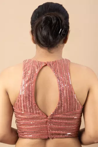 Onion Pink Net Sequin Embroidered Readymade Blouse