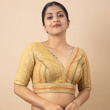 GOLD EMBROIDED GEORGETTE V NECK BLOUSE 1