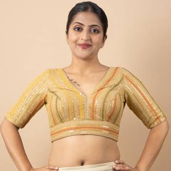 GOLD EMBROIDED GEORGETTE V NECK BLOUSE 2