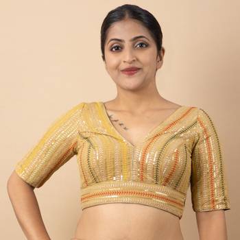 GOLD EMBROIDED GEORGETTE V NECK BLOUSE 4