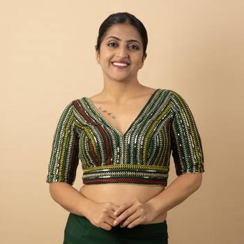 BOTTLE GREEN EMBROIDED GEORGETTE V NECK BLOUSE 1