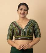 BOTTLE GREEN EMBROIDED GEORGETTE V NECK BLOUSE