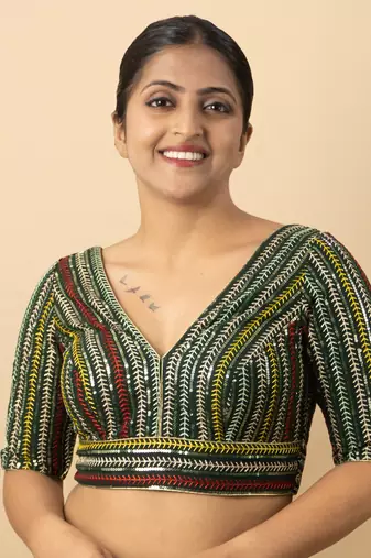 BOTTLE GREEN EMBROIDED GEORGETTE V NECK BLOUSE