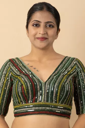 BOTTLE GREEN EMBROIDED GEORGETTE V NECK BLOUSE
