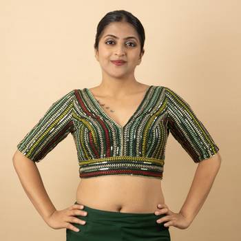 BOTTLE GREEN EMBROIDED GEORGETTE V NECK BLOUSE 4