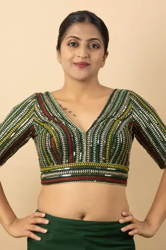 BOTTLE GREEN EMBROIDED GEORGETTE V NECK BLOUSE