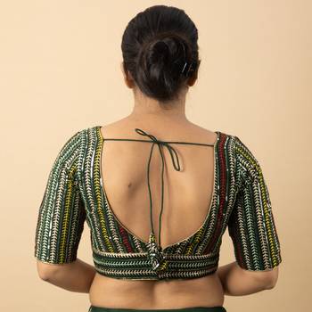BOTTLE GREEN EMBROIDED GEORGETTE V NECK BLOUSE 5