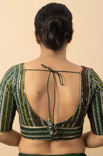 BOTTLE GREEN EMBROIDED GEORGETTE V NECK BLOUSE