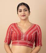 RED EMBROIDED GEORGETTE V NECK BLOUSE