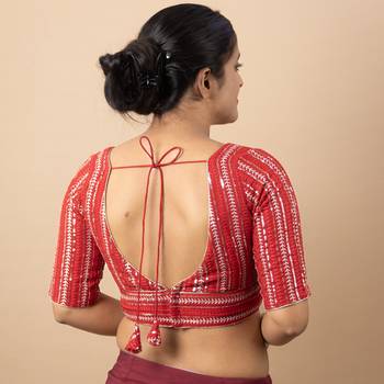 RED EMBROIDED GEORGETTE V NECK BLOUSE 3