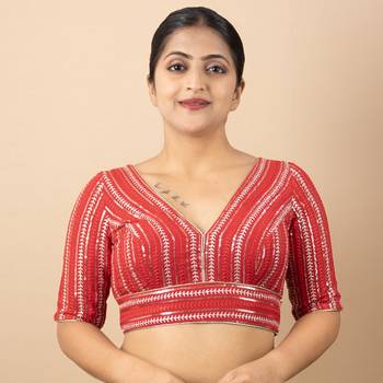 RED EMBROIDED GEORGETTE V NECK BLOUSE 5