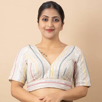 WHITE EMBROIDED GEORGETTE V NECK BLOUSE 1