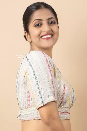 WHITE EMBROIDED GEORGETTE V NECK BLOUSE