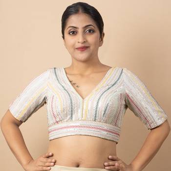 WHITE EMBROIDED GEORGETTE V NECK BLOUSE 5