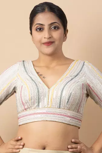 WHITE EMBROIDED GEORGETTE V NECK BLOUSE
