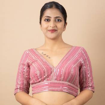 Onion Pink Georgette Silver Thread Embroidered Blouse 1