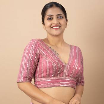 Onion Pink Georgette Silver Thread Embroidered Blouse 3