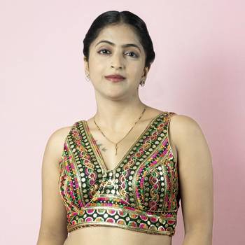 BOTTLE GREEN EMBROIDED GEORGETTE V NECK BLOUSE 1