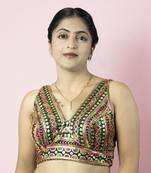 BOTTLE GREEN EMBROIDED GEORGETTE V NECK BLOUSE