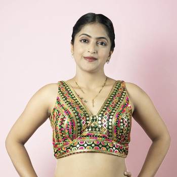 BOTTLE GREEN EMBROIDED GEORGETTE V NECK BLOUSE 4