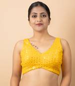 YELLOW EMBROIDED GEORGETTE V NECK BLOUSE