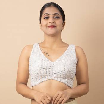 WHITE EMBROIDED GEORGETTE V NECK BLOUSE 1