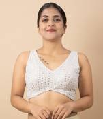 WHITE EMBROIDED GEORGETTE V NECK BLOUSE