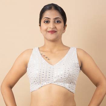 WHITE EMBROIDED GEORGETTE V NECK BLOUSE 2