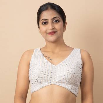 WHITE EMBROIDED GEORGETTE V NECK BLOUSE 4