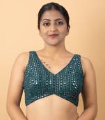 BLUE EMBROIDED GEORGETTE V NECK BLOUSE