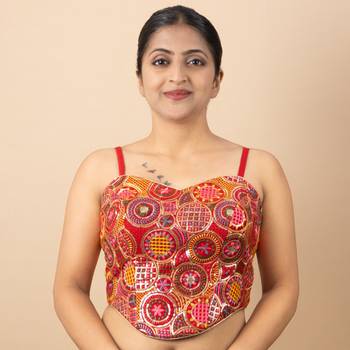 RED EMBROIDED GEORGETTE SWEET HEART NECK BLOUSE 1