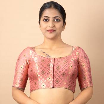 PINK PRINTED BROCADE BOAT NECK BLOUSE 1
