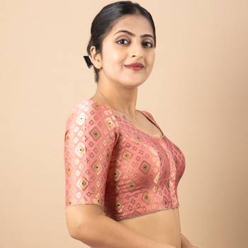 PINK PRINTED BROCADE BOAT NECK BLOUSE 2