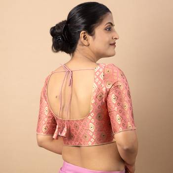 PINK PRINTED BROCADE BOAT NECK BLOUSE 3