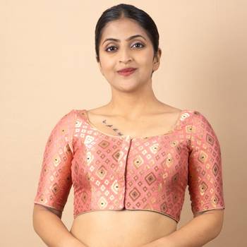 PINK PRINTED BROCADE BOAT NECK BLOUSE 5