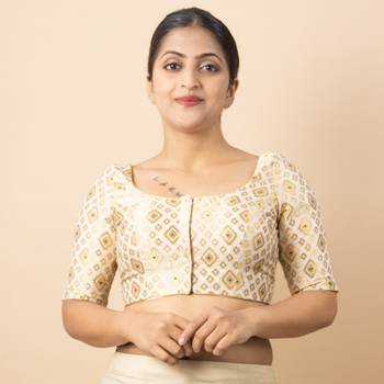 WHITE PRINTED BROCADE BOAT NECK BLOUSE 1