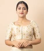 WHITE PRINTED BROCADE BOAT NECK BLOUSE