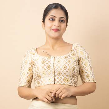 WHITE PRINTED BROCADE BOAT NECK BLOUSE 2