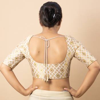 WHITE PRINTED BROCADE BOAT NECK BLOUSE 3