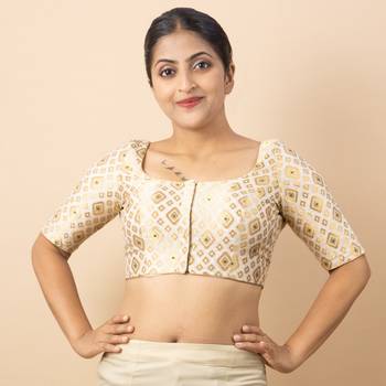 WHITE PRINTED BROCADE BOAT NECK BLOUSE 4