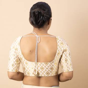 WHITE PRINTED BROCADE BOAT NECK BLOUSE 5