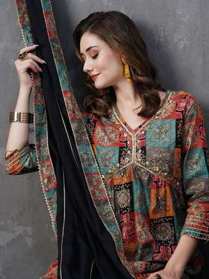 Multicolor Chanderi Fabric Printed and Embroidered work Flaired Kurta  Pant and Dupatta Set 2