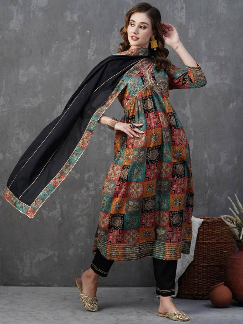 Multicolor Chanderi Fabric Printed and Embroidered work Flaired Kurta  Pant and Dupatta Set