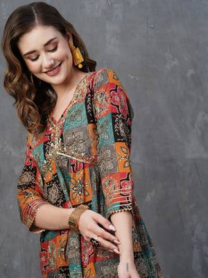 Multicolor Chanderi Fabric Printed and Embroidered work Flaired Kurta  Pant and Dupatta Set 4